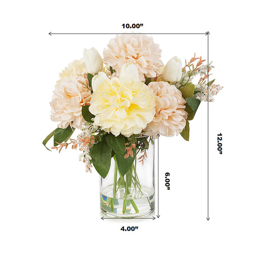 Mixed Artificial Real Touch Tulip and Dahlia Flower in Clear Glass Vase(Cream Beige)