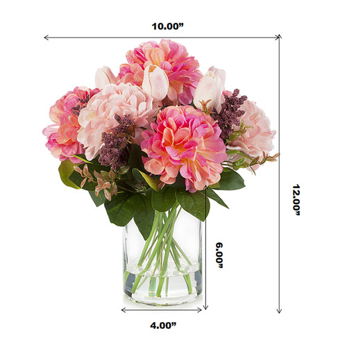Mixed Artificial Real Touch Tulip and Dahlia Flower in Clear Glass Vase(Pink)