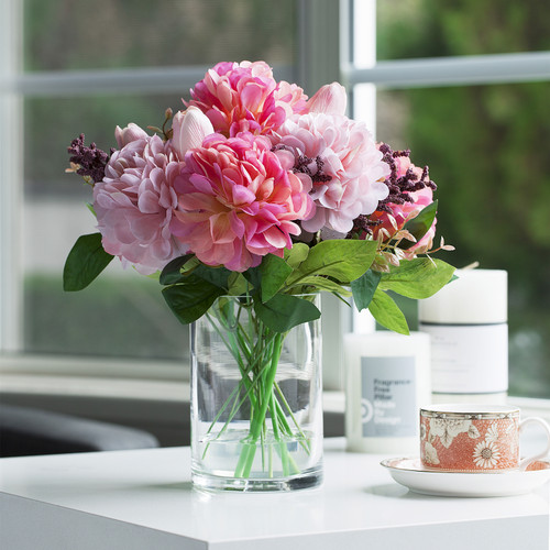 Mixed Artificial Real Touch Tulip and Dahlia Flower in Clear Glass Vase(Pink)