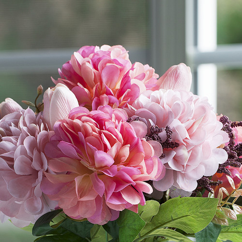 Mixed Artificial Real Touch Tulip and Dahlia Flower in Clear Glass Vase(Pink)