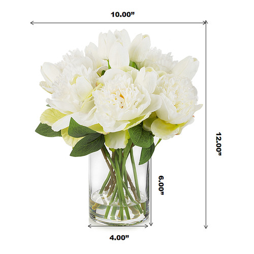 Mixed Artificial Real Touch Tulip and Peony Flower in Clear Glass Vase(Cream)