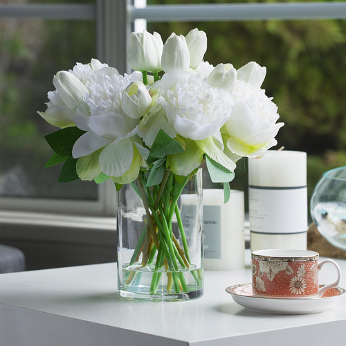 Mixed Artificial Real Touch Tulip and Peony Flower in Clear Glass Vase(Cream)