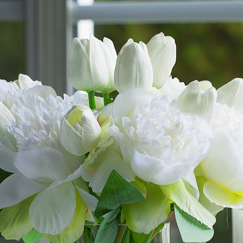 Mixed Artificial Real Touch Tulip and Peony Flower in Clear Glass Vase(Cream)
