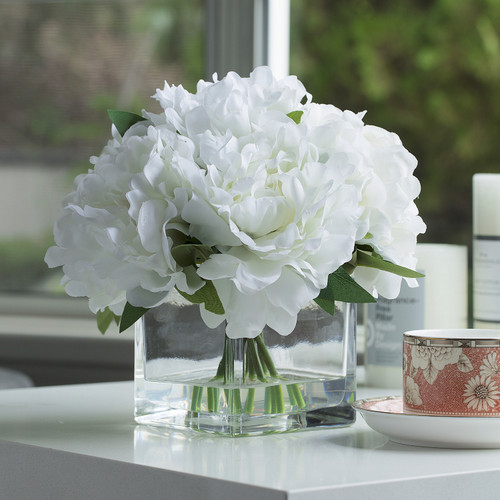 7 Heads Artificial Peony Flower in Clear Glass Vase(Cream)