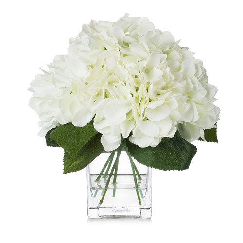 Artificial Silk Hydrangea Flower in Clear Glass Vase With Faux Water(Cream)