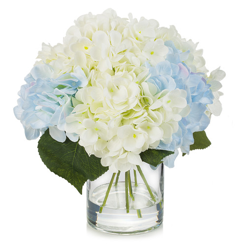 Artificial Silk Hydrangea Flower in Clear Glass Vase With Faux Water(Cream Blue)