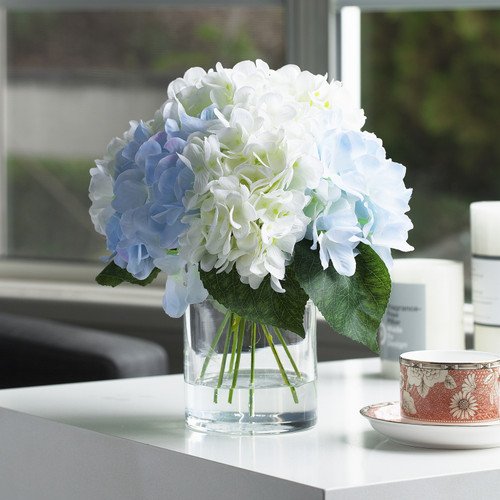 Artificial Silk Hydrangea Flower in Clear Glass Vase With Faux Water(Cream Blue)