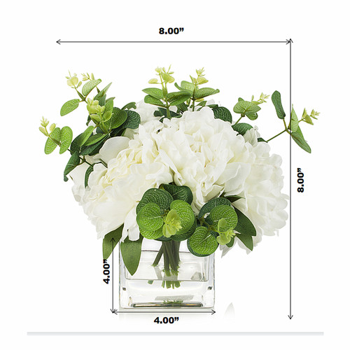 Mixed Artificial Silk Peony  Flower and  Eucalyptus in Cube  Glass Vase With Faux Water