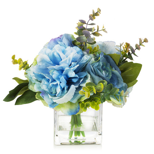 Mixed Artificial Flower and Eucalyptus in Cube  Glass Vase With Faux Water
