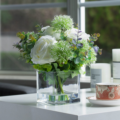Mixed Artificial Silk Rose  Flowers and  Greenery in Cube  Glass Vase With Faux Water