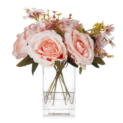 Mixed Artificial Silk Rose  Flowers in Clear Glass Vase With Faux Water(Pink)