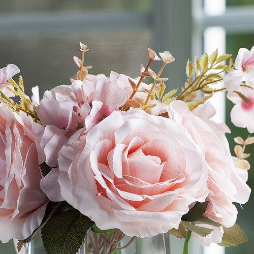 Mixed Artificial Silk Rose  Flowers in Clear Glass Vase With Faux Water(Pink)