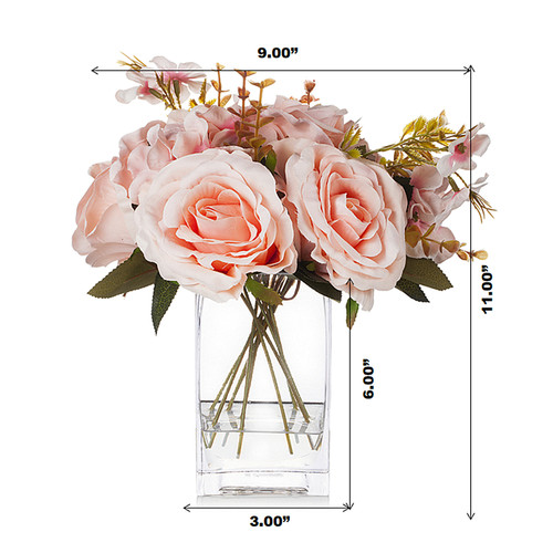 Mixed Artificial Silk Rose  Flowers in Clear Glass Vase With Faux Water(Pink)