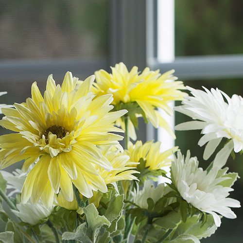 Artificial Silk Daisy Flower Arrangement in Clear Glass Vase(Yellow White)