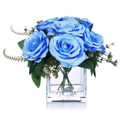 9 Heads Artificial Silk Rose Flowers in Clear Glass Vase With Faux Water(Blue)