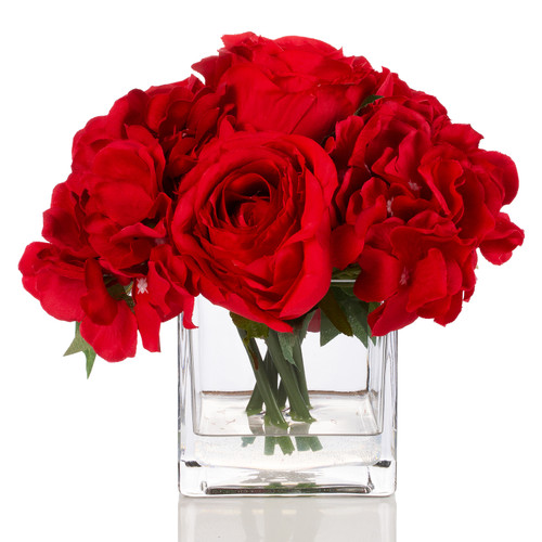 Mixed Artificial Silk Rose and Hydrangea Flowers in Clear Glass Vase With Faux Water(Red)