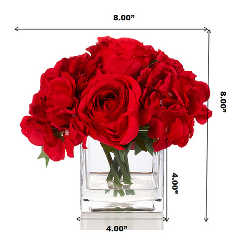 Mixed Artificial Silk Rose and Hydrangea Flowers in Clear Glass Vase With Faux Water(Red)