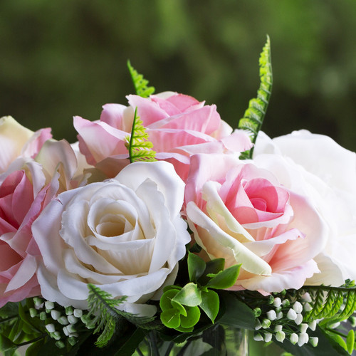 10 Heads Artificial Silk Rose Flowers in Clear Glass Vase With Faux Water(Cream Pink)