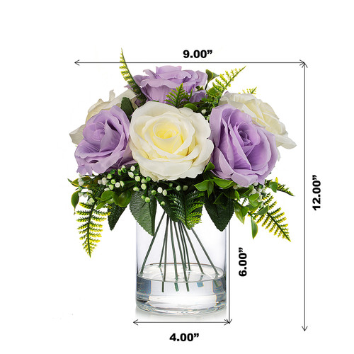 10 Heads Artificial Silk Rose Flowers in Clear Glass Vase With Faux Water(Cream Purple)
