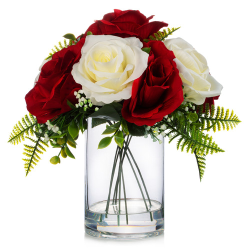 10 Heads Artificial Silk Rose Flowers in Clear Glass Vase With Faux Water(Cream Red)