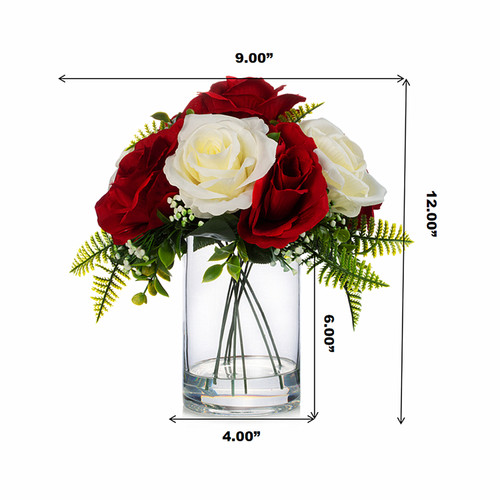 10 Heads Artificial Silk Rose Flowers in Clear Glass Vase With Faux Water(Cream Red)