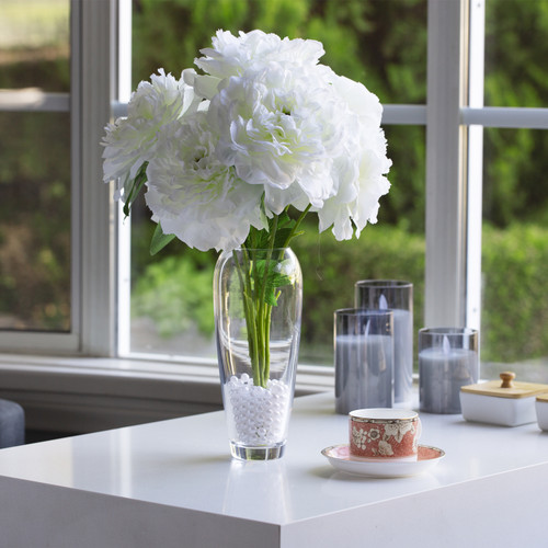 7 Heads Artificial Silk Peony Flower Arrangement in Clear Glass Vase with Plastic Pearl (Cream)