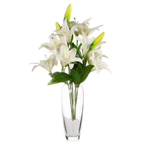 Artificial Real Touch Tiger Lily Arrangement in Clear Glass Vase with Plastic Pearl