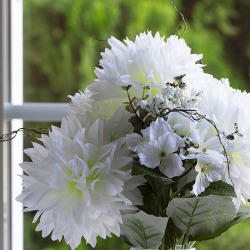 Large Silk Dahlia Flower Arrangement in Clear Glass Vase with Plastic Pearl (Cream)