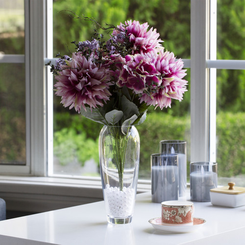 Large Silk Dahlia Flower Arrangement in Clear Glass Vase with Plastic Pearl (Purple)