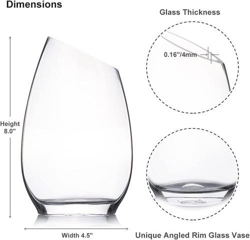 Unique Angled Rim Clear Glass Vase 4.5" W 8.0" H