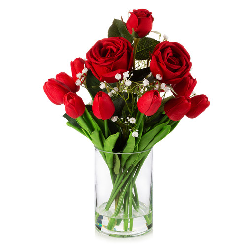 Mixed Artificial Real Touch Tulip and Rose Flower Arrangement in Clear Glass Vase with Faux Water(Red)