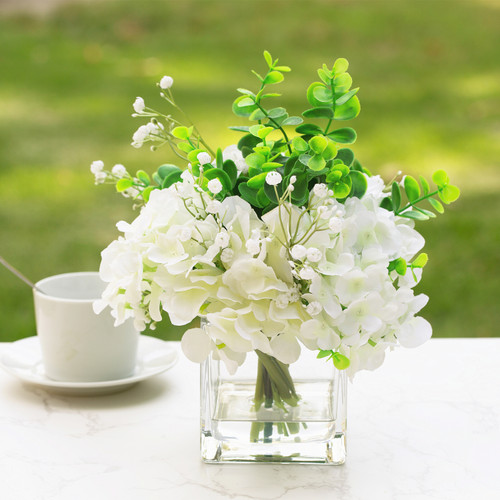 Mixed Artificial Hydrangea Flower with Baby Breath in Cube Glass Vase