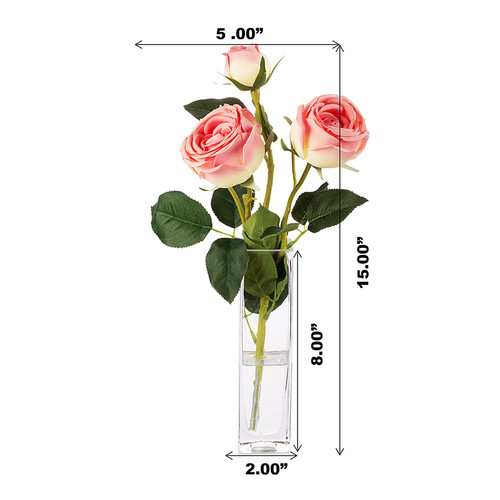 Artificial Silk Rose Flower in Clear Glass Vase (Dark Pink)