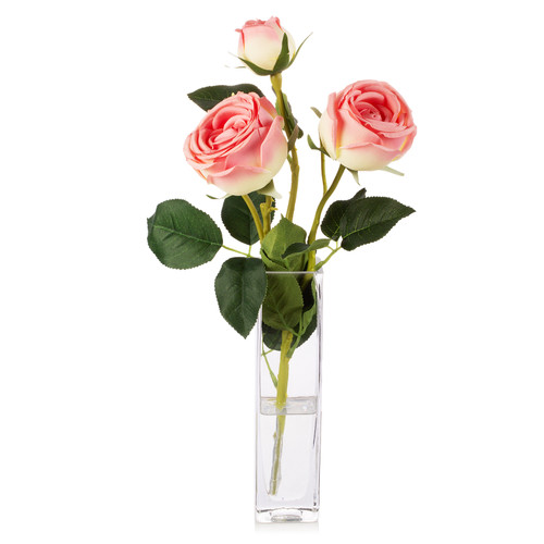 Artificial Silk Rose Flower in Clear Glass Vase (Dark Pink)