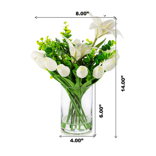 Mixed Artificial Real Touch Tulip and Lily Flower Arrangement in Clear Glass Vase with Faux Water