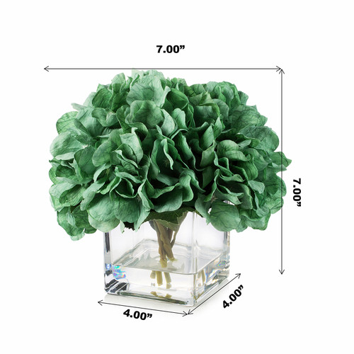 Artificial Silk Hydrangea Flowers in Clear Glass Vase With Faux Water (Aqua)