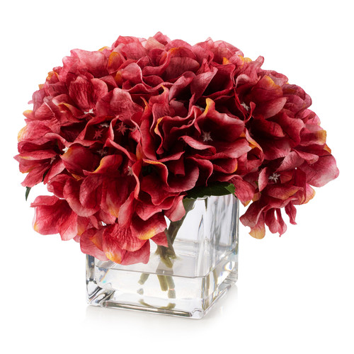 Artificial Silk Hydrangea Flowers in Clear Glass Vase With Faux Water (Fuchsia)