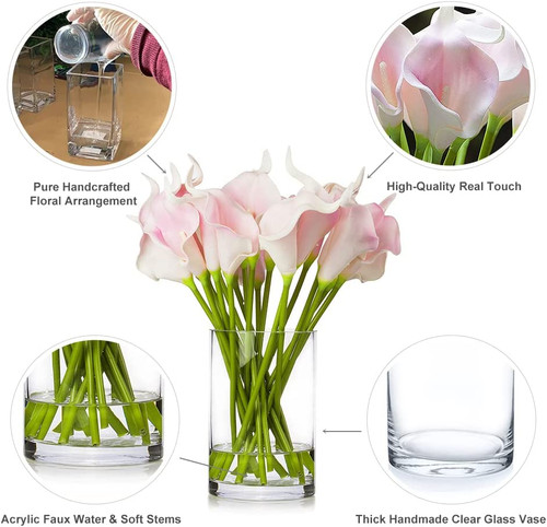 20 Pieces Artificial Real Touch Lily Flower Arrangement in Clear Glass Vase with Faux Water(Pink)