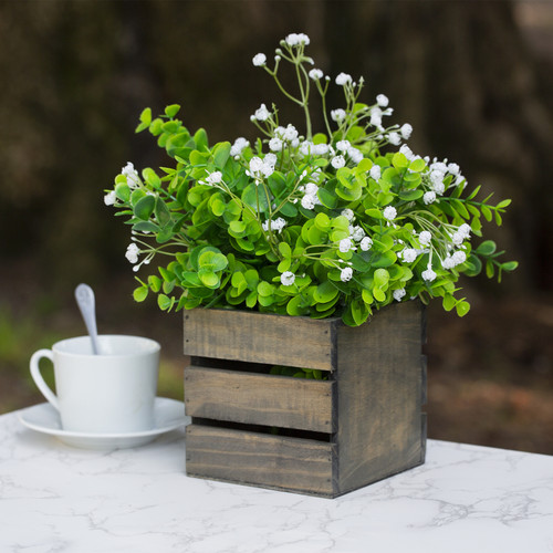 Mixed Eucalyptus Grass and Baby Breath in Wood Planter