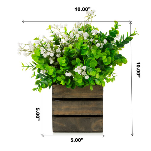 Mixed Eucalyptus Grass and Baby Breath in Wood Planter