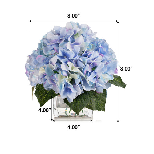 Artificial Silk Hydrangea in Clear Glass Vase With Faux Water (Blue)