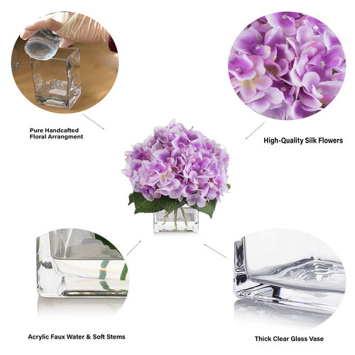 Artificial Silk Hydrangea in Clear Glass Vase With Faux Water