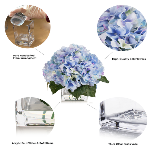 Artificial Silk Hydrangea in Clear Glass Vase With Faux Water