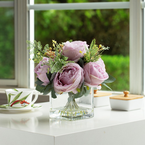 Artificial Silk Peony Flowers  in Clear Glass Vase With Faux Water