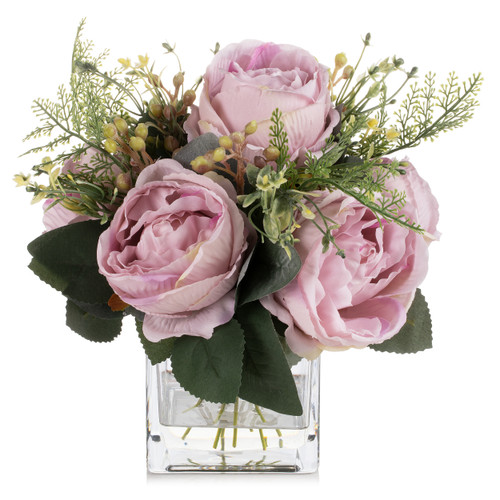 Artificial Silk Peony Flowers  in Clear Glass Vase With Faux Water