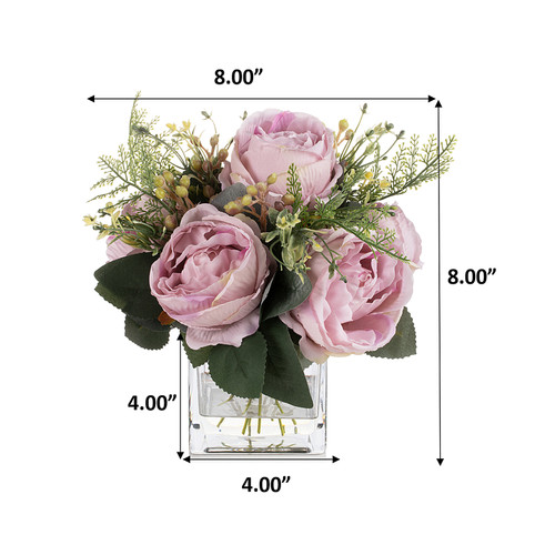 Artificial Silk Peony Flowers  in Clear Glass Vase With Faux Water