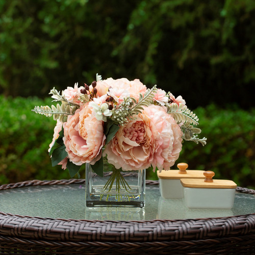 Mixed Artificial Silk Peony Flowers in Clear Glass Vase With Faux Water