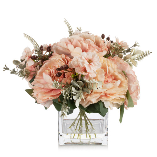 Mixed Artificial Silk Peony Flowers in Clear Glass Vase With Faux Water