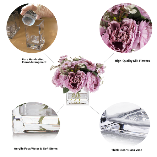Mixed Artificial Silk Peony Flowers in Clear Glass Vase With Faux Water