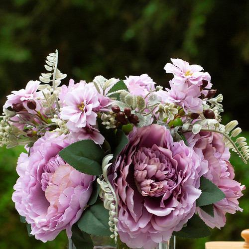 Mixed Artificial Silk Peony Flowers  in Clear Glass Vase With Faux Water (Purple)